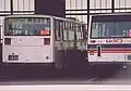 じょうてつに移管後、塗り替えを待つ元札幌市営バスの車両（左）