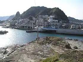 現代の太海地区。仁右衛門島から浜波太漁港(太海漁港)を見る。