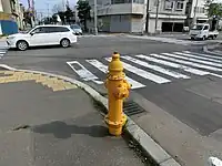 函館型三方式地上式消火栓黄色地上式より多数のホースが接続できる（北海道函館市）