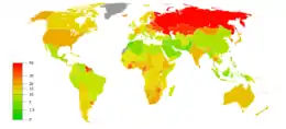 100,000人あたりの自殺者数。男性が左、女性が右(2016年のデータ)。自殺率の高さは、赤>黄>緑。