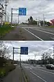 国道278号・国道5号・北海道道1156号森インター線交点(2枚合成、上・国道5号起点(函館)側から、下・同道終点(札幌・長万部・八雲)側から)