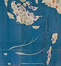 1838年(天保9年)に作成された『天保国絵図』に見える直島三ヶ島。 直島 男木島 女木島。
