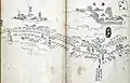 図b.東海道分間絵図 一。菱川師宣画。元禄3年(1690年)。版木屋七郎兵衛。 国立国会図書館蔵。