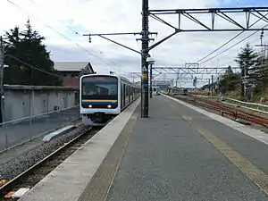 成東駅に停車中の209系電車(2015年12月)