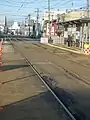 松風町停留所内に設置の渡り線（2018年3月24日撮影）