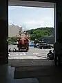 江差山車会館搬入口内部から見る聖武山