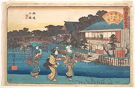 (14)柳島（橋）の図 橋本「狂句合 橋本まで御紋橋本に七つ梅」