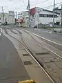 湯の川停留場のホームに至る部分のポイント部（2017年5月撮影）