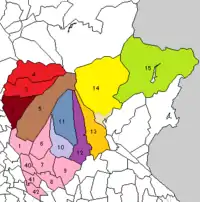 平成の大合併前の自治体としての色分け（旧東群馬郡は番号を改め40-42とした｡）桃：前橋市 青紫：大胡町 紫：粕川村 薄青：宮城村 茶：富士見村 赤：赤城村 紅：北橘村 橙：新里村 黄：黒保根村 黄緑：東村 黄土：大間々町）