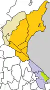 平成の大合併前の自治体(橙:桐生市 紫:太田市 黄:大間々町 緑:栃木県足利市)
