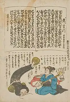 13-5.『老なまづ』常盤津の祝言物として著名な演目である『老松』をモチーフとしている作品。仮名垣魯文が震災直後に草稿を執筆したと記録されている。ただし作品に吉原の仮宅場所が記されている事から震災からある程度時間が経過したときの作品、あるいは後に改訂が行われた時の作品と考えられる。