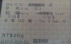 英語表記が略称となっている当駅までの莒光号乗車券