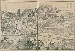 『厳島図会 本地堂倉庫』現在の厳島神社裏手にあたる。「御霊川」表記。右に筋違橋。