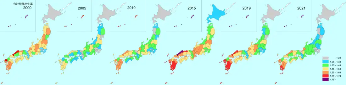 2000年（平成12年）、2005年（平成17年）、2010年（平成22年）、2018年（平成30年）時点の都道府県別合計特殊出生率を表した図。