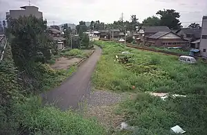 水落駅からカーブして織田駅に向かう廃線敷