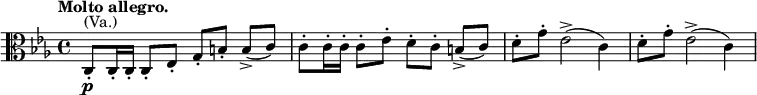 
\relative c' \new Staff {
 \key c \minor \time 4/4 \tempo "Molto allegro." \clef alto
 c,8-. \p ^\markup (Va.) c16-. c-. c8-. es-. g-.[ b-.] b-> ( c) c-. c16-. c-. c8-. es-. d-.[ c-.] b-> ( c)
 d-. g-. es2-> ( c4) d8-. g-. es2-> ( c4)
}
