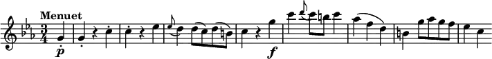 \version "2.18.2"
\relative c'' {
\key c \minor
\time 3/4
\tempo "Menuet "
\tempo 4 = 132
\partial 4 g4-.\p
g-. r c-.
c-. r es
\grace es8 (d4) d8 (c) d (b)
c4 r g'\f
c \grace d8 (c) b c4
aes (f d)
b g'8 aes g f
es4 c
}