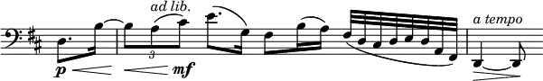 
\relative c' \new Staff \with { \remove "Time_signature_engraver" } {
 \key d \major \time 4/4 \clef bass \partial 4
  d,8.\p \< b'16~ \times 2/3 { b8\< a^\markup { \italic { ad lib. } } ( cis\mf) } e8.( g,16) fis8[ b16( a)] fis32([ d cis d e d a fis])
  d4~\> ^\markup { \italic { a tempo } } d8\!
}
