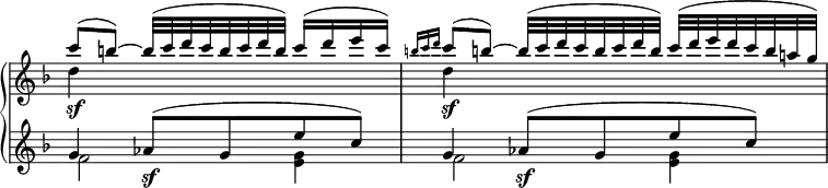 
 \relative c' {
  \new PianoStaff <<
   \new Staff \with { \remove "Time_signature_engraver" } { \key f \major \time 3/4
    <<
     {
      c''8( b)~ b32( c d c b c d b) c16( d e c)
      \grace { b16[ c d] } c8( b!)~ b32( c d c b c d b) c( d e d c b a! g)
     }
    \\
     { d4_\sf s2 d4_\sf s2 }
    >>
   }
   \new Staff \with { \remove "Time_signature_engraver" } { \key f \major \time 3/4
    <<
     { g,4 aes8_\sf ( g e' c) g4 aes8_\sf ( g e' c) }
    \\
     {
      f,2 <g e>4 f2 <g e>4
     }
    >>
   }
  >>
 }
