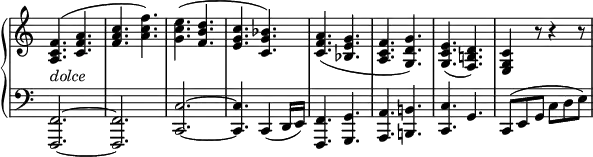 
 \relative c' {
  \new PianoStaff <<
   \new Staff \with { \remove "Time_signature_engraver" } { \key c \major \time 6/8
    <f c a>4.( <a f c> <c a f> <f c a>) <e c g>( <d b f> <c g e> <bes g c,>)
    <a f c>( <g e bes> <f c a> <g d g,>) <e c g>( <d b! f>) <c g e>4 r8 r4 r8
   }
   \new Dynamics {
    s2_\markup \italic dolce
   }
   \new Staff \with { \remove "Time_signature_engraver" } { \key c \major \time 6/8 \clef bass
    <f,,~ f,~>2. <f f,> <c'~ c,~> <c c,>4. c,4( d16 e)
    <f f,>4. <g g,> <a a,> <b! b,!> <c c,> g c,8( e g c d e)
   }
  >>
 }
