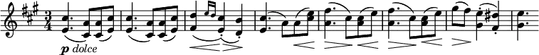 \relative c'' {
\time 3/4
\key a \major
<cis e,>4.(-\markup{\dynamic "p" \italic "dolce"} <a cis,>8) <a cis,>( <cis e,>) | <cis e,>4.( <a cis,>8) <a cis,>( <cis e,>) |
<d fis,>4(\< \grace { e16 d } <cis e,>4-.)\(\> <b d,>-.\)\! | <cis e,>4.( a8) a(\< <e' cis>) |
<fis a,>4.(\> cis8)\! <cis a>(\< e) | <fis a,>4.(\> cis8)\! <cis a>(\< e) | gis(\> fis)\! <e gis,>4-.( <dis fis,>-.) <e gis,>4.
}