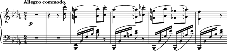 
\relative c''' {
 \new PianoStaff <<
  \new Staff { \key bes \minor \time 2/4 \set Score.tempoHideNote = ##t \tempo "Allegro commodo." 4=135
   R2 r4 r8 <des des,>-. <a a,>4( <bes bes,>8) <c c,>-. <aes aes,>4( <a a,>8) <ces ces,>-.
   <g g,>( <bes bes,>-. <ges ges,>( <a a,>-.) <f f,>4-- r8
  }
  \new Dynamics {
   s4\p
  }
  \new Staff { \key bes \minor \time 2/4 \clef bass
   R2 R <f,,, bes,>16( bes f' bes <f' des>8) r bes,,,16( bes' ges' a <es' c>8) r
   bes,,16( bes' g' es') bes,,( bes' a' es') bes,,16( bes' f' bes <f' des>8)
  }
 >>
}
