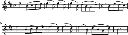 \header { tagline = ##f }
\score {
\new Staff \with{ \magnifyStaff #3/4 }{
\key d \major
\once \omit Score.MetronomeMark
\tempo 4 = 84
\override Score.SpacingSpanner #'common-shortest-duration = #(ly:make-moment 1 16)
\new Voice {
\relative c'' {fis2 b,8( cis8 d8 e8) fis4.( d8) fis4.( d8) fis4.( b,8) d8( b8 g8 d'8) b2~b8 e8( d8 cis8) fis2 b,8( cis8 d8 e8) fis4.( d8) fis4.( d8) fis4.( b,8) d8( b8 g8 d'8) b2.\bar "|"}
}
}
\layout {indent = 0\mm line-width = 110\mm}
\midi {}
}