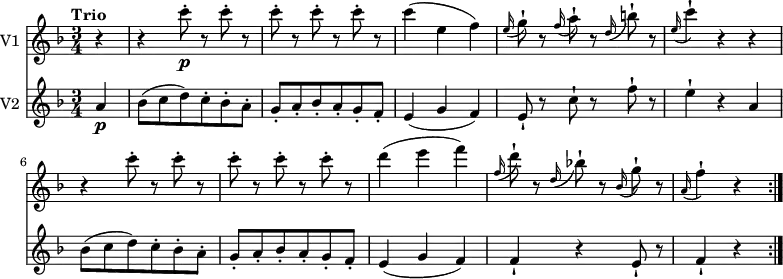 <<
\new Staff \with { instrumentName = #"V1 "} \relative c' {
\version "2.18.2"
\key f \major
\tempo "Trio"
\tempo 4 = 142
\time 3/4
\partial 4 r4 r4 c''8-.\p r c-. r c-. r c-. r c-. r
c4 (e, f)
\grace e16 (g8-!) r \grace f16 (a8-!) r \grace d,16 (b'8-!) r
\grace e,16 (c'4-!) r r
r c8-. r c-. r c-. r c-. r c-. r
d4 (e f)
\grace f,16 (d'8-!) r \grace d,16 (bes'!8-!) r \grace bes,16 (g'8-!) r
\grace a,16 (f'4-!) r
\bar ":|."
}
\new Staff \with { instrumentName = #"V2 "}
\relative c'' {
\key f \major
\clef "treble"
\time 3/4
\partial 4 a4\p bes8 (c d) c-. bes-. a-.
g-. a-. bes-. a-. g-. f-.
e4 (g f)
e8-! r c'-! r f-! r
e4-! r a,
bes8 (c d) c-. bes-. a-.
g-. a-. bes-. a-. g-. f-.
e4 (g f) f-! r e8-! r
f4-! r
\bar ":|."
}
>>