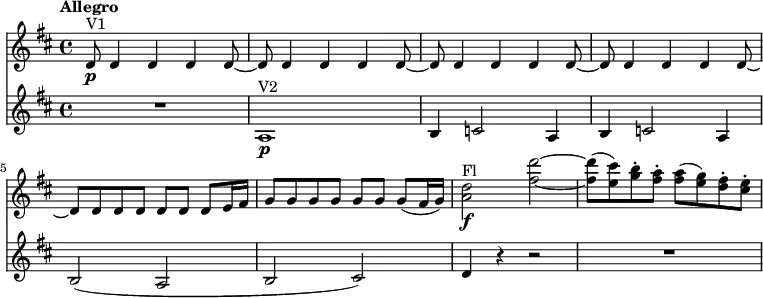 
<<
\new Staff \relative c'' {
  \version "2.18.2"
  \clef "treble"
  \key d \major
  \tempo "Allegro"
  \time 4/4
  \tempo 4 = 160
 d,8 \p ^ \markup{V1} d4 d d d8 ~
 d8 d4 d d d8 ~
 d8 d4 d d d8 ~
 d8 d4 d d d8 ~
 d8 d d d d d d e16 fis
 g8 g g g g g g (fis16 g)
 <a d>2 \f ^ \markup{Fl} <fis' d'> ~
 <fis d'>8   (<e cis'>)  <g b-.>   <fis a-.>
  <fis a>  (<e g>)  <d fis-.>   <cis e-.>
}
\new Staff \relative c' {
    \clef "treble"
    \key d \major
    \time 4/4
    R1 a1\p ^\markup {V2}
    b4 c!2 a4
    b4 c!2 a4
    b2 (a b cis)
    d4 r4 r2 R1
}
>>
