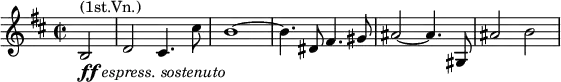 \relative g { \key d \major \time 2/2 \partial 2 b2^\markup { (1st.Vn.)}_\markup { \dynamic ff \italic { espress. sostenuto } } | d cis4. cis'8 | b1~ | b4. dis,8 fis4. gis8 | ais2~ ais4. gis,8 | ais'2 b }