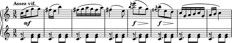 
\relative c'' {
  \new PianoStaff <<
   \new Staff { \key c \major \time 3/8 \set Score.tempoHideNote = ##t \tempo "Assez vif." 4.=96
    c16( e g8 g) fis16( e b'4) fis16( g a g fis a) fis4--( e8)
    \acciaccatura b'8 e8--( a, g) \acciaccatura fis8 b8--( e, d) c16( g a b c g a b c4)
   }
   \new Dynamics {
    s16 s\mf s4 s4. s s s8\f \> s s\! s\f \> s s\! 
   }
   \new Staff { \key c \major \time 3/8
    <<
     { c,4. c c c c c c c }
    \\
     {
      g'8\rest <g e> q g\rest q q g\rest q q g\rest q q
      g\rest q q g\rest q q g\rest q q g\rest q q
     }
    >> 
   }
  >>
 }
