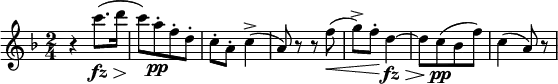 
\relative c' {
\key f \major
\time 2/4
\tempo ""
\tempo 4 = 152
\set Staff.midiInstrument = "violin"
r4 c''8.\fz\> ( d16\!
c8 ) [ a-.\pp f-. d-. ]
c-. a-. c4->
( a8 ) r r f'\<
( g-> ) f-.\! d4~\fz\>
d8 [ c\pp\! ( bes f' ) ]
c4 ( a8 ) r
}
