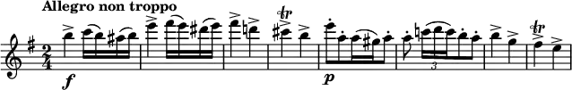 \relative c''' {
\key e \minor
\time 2/4
\tempo "Allegro non troppo"
\omit TupletBracket
b4->\f c16( b) ais( b) | e4-> fis16( e) dis( e) | fis4-> d!-> | cis4->\trill b4-> |
e8-.[\p a,-.  a16( gis) a8-.] | a-. \tuplet 3/2 { c!16[( d c) } b8-. a-.] | b4-> g-> fis->\trill e-> |
}