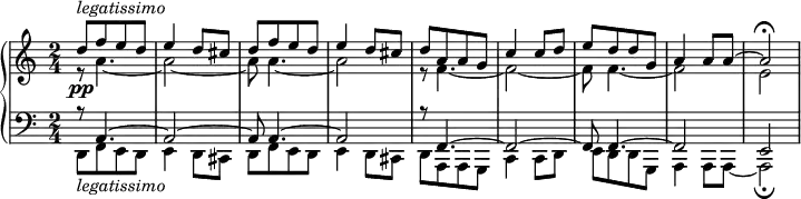 
{ \new PianoStaff <<
    \new Staff << \time 2/4 \relative  c''
     \new Voice = "first"  { \voiceOne  [d8-\pp-\markup { \italic {legatissimo}}  f e d ] | e4 d8 cis |[d8 f e d ] | e4 d8 cis | 
                                        [d8 a a g ] | c4 c8 d8 | [e d d g, ] | a4 a8 a8~| a2\fermata }
     \new Voice= "second"  { \voiceTwo  r8 a'4.~    | a'2~     | a'8 a'4.~  | a'2 |
                                        r8 f'4.~    | f'2~     | f'8 f'4.~  | f'2 | e'2 }
      >>
    \new Staff << \relative b, \clef bass
      \new Voice = "first"  { \voiceOne  r8 a,4.~     | a,2~       | a,8 a,4.~    | a,2  |
                                         r8 f,4.~    | f,2~     | f,8 f,4.~  | f,2 | e,2 }
      \new Voice= "second"  { \voiceTwo  [d,8_\markup { \italic {legatissimo}} f, e, d, ] | e,4 d,8 cis, |[d,8 f, e, d, ] | e,4 d,8 cis, |
                                         [d,8 a,, a,, g,, ] | c,4 c,8 d,8 | [e, d, d, g,, ] | a,,4 a,,8 a,,8~| a,,2\fermata }
     >>
   >> }
