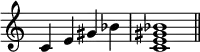 {\omit Staff.TimeSignature \time 4/4 c'4e'gis'bes' \time 4/4 <c'e'gis'bes'>1 \bar "||"}