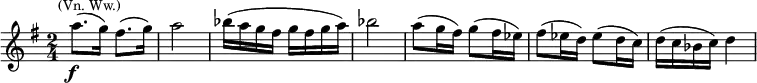 \new Staff \relative c'''{\key g \major \time 2/4 \set Score.tempoHideNote = ##t \tempo "" 4=126 a8._\markup{\dynamic \center-align f}^\markup{\smaller \center-align {(Vn. Ww.)}}( g16) fis8.( g16) a2 bes16( a g fis g fis g a) bes2 a8( g16 fis) g8( fis16 es) fis8( es16 d) es8( d16 c) d( c bes c) d4} 