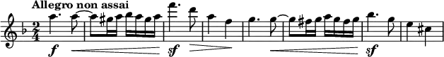 \relative c''' {
\key d \minor
\time 2/4
\tempo "Allegro non assai"
a4.\f a8~\< | a gis16 a bes a gis a | f'4.\sf d8\> | a4 f\! | g4. g8~\< | g fis16 g a g fis g | bes4.\sf g8 | e4 cis |
}