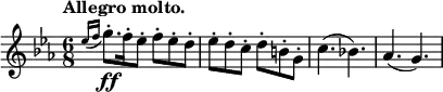 
\relative c'' {
 \key c \minor \time 6/8 \set Score.tempoHideNote = ##t \tempo "Allegro molto." 8=150
 \appoggiatura { es16 f } g8.-.\ff [ f16-. es8-.] f-. es-. d-. es-. d-. c-. d-. b-. g-. c4.( bes!) aes( g)
}
