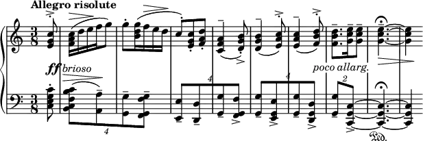
\relative c'' {
 \new PianoStaff <<
  \new Staff { \key c \major \time 3/8 \set Score.tempoHideNote = ##t
   \tempo "Allegro risolute" 4.=82 \partial 8
   <c g e>8^.^> <c a f>16^\> ( d e\! f g8) g-. <g d b>16( f^\> e d\!
   c8^.) <c g e>-. <d a f>-. <a f c>4^-( <b g d>8)-.-> 
   <b g d>4^-( <c a e>8^.^> ) <c a e>4^-( <d b f>8^.^> )
   <d b f>8.-- <e c g>16-- q8-- q4.--\fermata ~ q4
  }
  \new Dynamics {
   s8-\markup { \dynamic ff \italic brioso } s4. s s s s
   \override TextScript #'whiteout = ##t
   s4 s8_\markup { \italic { poco allarg. } } s4. s\> s8 s\!
  }
  \new Staff { \key c \major \time 3/8 \clef bass
   <c, g e c>8-. \times 6/4 { <c b f c b>[ ( ^\> <a a,>-- ) \! <g g,>-- <g f g, f>-- ] }
   \times 6/4 { <e e,>--[ <d d,>-- <g g,>-- <f g, f>-> ] }
   \times 6/4 { <g g,>--[ <e g, e>-> <g g,>-- <d g, d>-> ] }
   \times 3/2 { <g g,>-- <c, g c,>->~ } q4.\fermata \sustainOn ~ q4
  }
 >>
}
