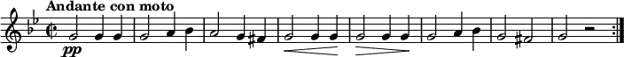 \version "2.18.2"
\relative c'' {
\key g \minor
\time 2/2
\tempo "Andante con moto"
\tempo 4 = 80
g2\pp g4 g
g2 a4 bes
a2 g4 fis
g2\< g4 g\!
g2\> g4 g\!
g2 a4 bes
g2 fis
g r \bar ":|."
}
