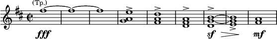 \relative c'' <<
\new Staff {\key d \major \time 2/2 \set Score.tempoHideNote = ##t \tempo "" 2=100 fis1^\markup{\smaller \center-align (Tp.)}~fis~fis <e a, g>-> <d a fis>^> <a fis d>^> <b g d>~^> <b g e>-> <a fis> }
\new Dynamics {s1\fff s s s s s s4\sf \once \override Hairpin.shorten-pair = #'(8 . 8) s2 s4\> s2 s\! s1\mf}
>>