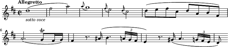 \relative c'' {
\version "2.18.2"
\key d \major
\tempo "Allegretto"
\time 2/2
\tempo 4 = 160
d1_\markup{\italic {sotto voce}} (fis2 a)
\grace a8 (g1)
\grace fis16 (e2) \grace d16 (cis2)
d8 (e fis cis d a b fis)
a2. (g8 \trill fis16 g)
fis4 r8. ais16 (b4. \tuplet 3/2 {a16 g fis} e4)
r8. gis16 (a4. \tuplet 3/2 {g16 fis e} d8)
}