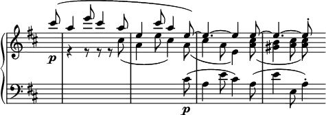 \relative c' {
\new PianoStaff <<
\new Staff \with { \remove "Time_signature_engraver" } { \key d \major \time 6/8 \partial 8
<<
{
cis''8\p ( a4 e'8 cis4 a8 e4 cis'8 a4 e8)~ e4.~ e4 e8~ e4.~ e8-.
}
\\
{ s8 r4 r8 r r cis8( a4 e'8 cis4) a8( cis4 a8 e4) <cis' a>8( <b gis>4 <cis a>8 <cis a>) }
>>
}
\new Staff \with { \remove "Time_signature_engraver" } { \key d \major \time 6/8 \clef bass \partial 8
s8 s2. s2 s8 cis,8\p ( a4 e'8 cis4) a8( e'4 e,8 a4-.)
}
>>
}