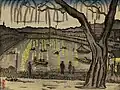 牛込見附付近から見た1930年頃の牛込濠。逸見享による版画