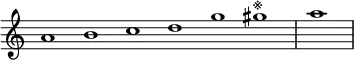 \relative c'' {
\new Staff \with { \remove "Time_signature_engraver" }
{ \key a \minor \time 1/1 \cadenzaOn a1 b c d g gis^\markup{※} \bar "|" a \bar"|"}
}