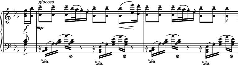 
\relative c' {
 \new PianoStaff <<
  \new Staff \with { \remove "Time_signature_engraver" } { \key es \major \time 4/4 \partial 8
   \override Score.NonMusicalPaperColumn #'line-break-permission = ##f
    <g'' d bes>16 <bes bes,>
    <c c,>8--^\markup \italic giocoso <c c,>-- <c c,>16-- bes32( aes g16-. ) f-.
    <bes bes,>8-- <bes bes,>-- <bes bes,>( <es es,>16-. ) <d d,>-.
    <c c,>8-- <c c,>-- <c c,>16-- bes32( aes g16-. ) f-.
    <bes bes,>8-- [ <bes bes,>-- ] <bes bes,>
    }
   \new Dynamics {
    s8\f s\mp s s4 s8 s s\< s\!
   }
    \new Staff \with { \remove "Time_signature_engraver" } { \key es \major \time 4/4 \clef bass
    <<
     {
      d,,8-> \stemDown
      d,16\rest <d bes aes>( \sustainOn aes') <d bes aes>( aes' <d, bes aes>)  \sustainOff d,8\rest
      d16\rest <es bes g>( \sustainOn g) <es' bes g>( g <es bes g>) \sustainOff d,8\rest
      d16\rest <d bes aes>( \sustainOn aes') <d bes aes>( aes' <d, bes aes>)  \sustainOff d,8\rest
      d16\rest <es bes g>( \sustainOn g) <es' bes g>( g[ <es bes g>] )  \sustainOff
     }
    \\
     { <bes g>8-> }
    >>
   }
  >>
 }
