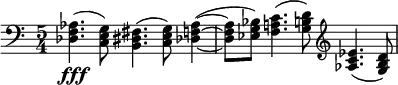 \relative c' {
\key c \major \clef bass
\time 5/4
\tempo ""
\tempo 4 = 156
< des, f aes >4.\fff ( < c e g>8 ) < b dis fis>4. ( < c e g>8 ) < des f aes >4 ~
( < des f aes >8 < ees g bes> ) < f a c >4. ( < g b d >8 )
\clef "treble" < aes c ees >4. ( < g b d >8 )
}