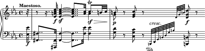 
 \relative c' {
  \new PianoStaff <<
   \new Staff { \key c \minor \time 4/4 \tempo "Maestoso." \partial 32
    <<
     {
      \override DynamicLineSpanner #'staff-padding = #1.8
      \override DynamicLineSpanner #'Y-extent = #'(-1.0 . 1.0)
      \override TextScript #'Y-extent = #'(-1.5 . 1.5)
       b'32\rest b8\rest b16.\rest <es c a es>32\f <es~ c~ a~ es~>4\sf <es c a es>8.. <c a>32 c8.^\trill\sf\> b32 c\!
       b8\p b\rest <c g es> b\rest \grace { d,64[ g b!] } <d g, d>8\f b\rest
     }
     \\
      { s32 s2. a4 g8 }
     >>
    }
   \new Staff { \key c \minor \time 4/4 \clef bass
    <es es,>32\f <fis, fis,>8.. <fis, fis,>32 <fis'~ fis,~>4 <fis fis,>8.. <es' fis,>32 <es fis,>4
    <d g,>8 r <c g c,> r \grace { b,,64\sustainOn ^\cresc [ d\! g b d g b] s32. } <b,! b,!>8 r
   }
  >>
 }
