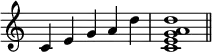 {\omit Staff.TimeSignature \time 5/4 c'4e'g'a'd'' \time 4/4 <c'e'g'a'd''>1 \bar "||"}