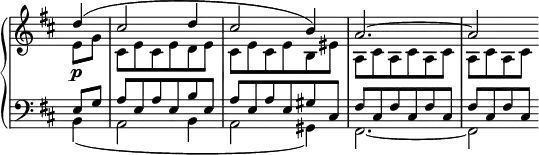
 \relative c' {
  \new PianoStaff <<
   \new Staff \with { \remove "Time_signature_engraver" } { \key d \major \time 3/4 \partial 4
    <<
     { d'4( cis2 d4 cis2 b4) a2.~ a2 }
    \\
     { e8 g | cis, e cis e d e | cis e cis e b eis | a, cis a cis a cis | a[ cis a cis] }
    >>
   }
   \new Dynamics {
    s4\p
   }
   \new Staff \with { \remove "Time_signature_engraver" } { \key d \major \time 3/4 \clef bass \partial 4
    <<
     { e,8 g | a e a e b' e, | a e a e gis cis, | fis cis fis cis fis cis | fis[ cis fis cis] }
    \\
     { b4( a2 b4 a2 gis4) fis2.~ fis2 }
    >>
   }
  >>
 }
